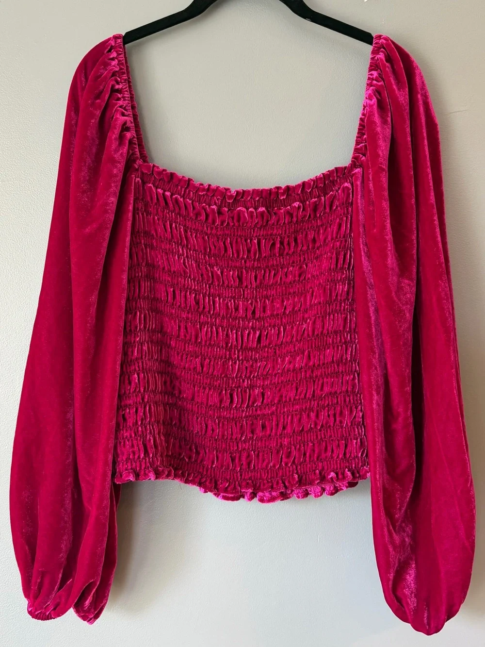 Anthropologie Velvet Smocked Peasant Sleeve Top in Magenta